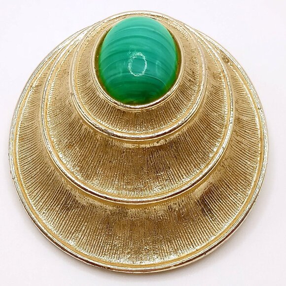 Vintage Sarah Coventry Brooch Pendant Malachite Gold Tone Green Striped Stone - Picture 2 of 12